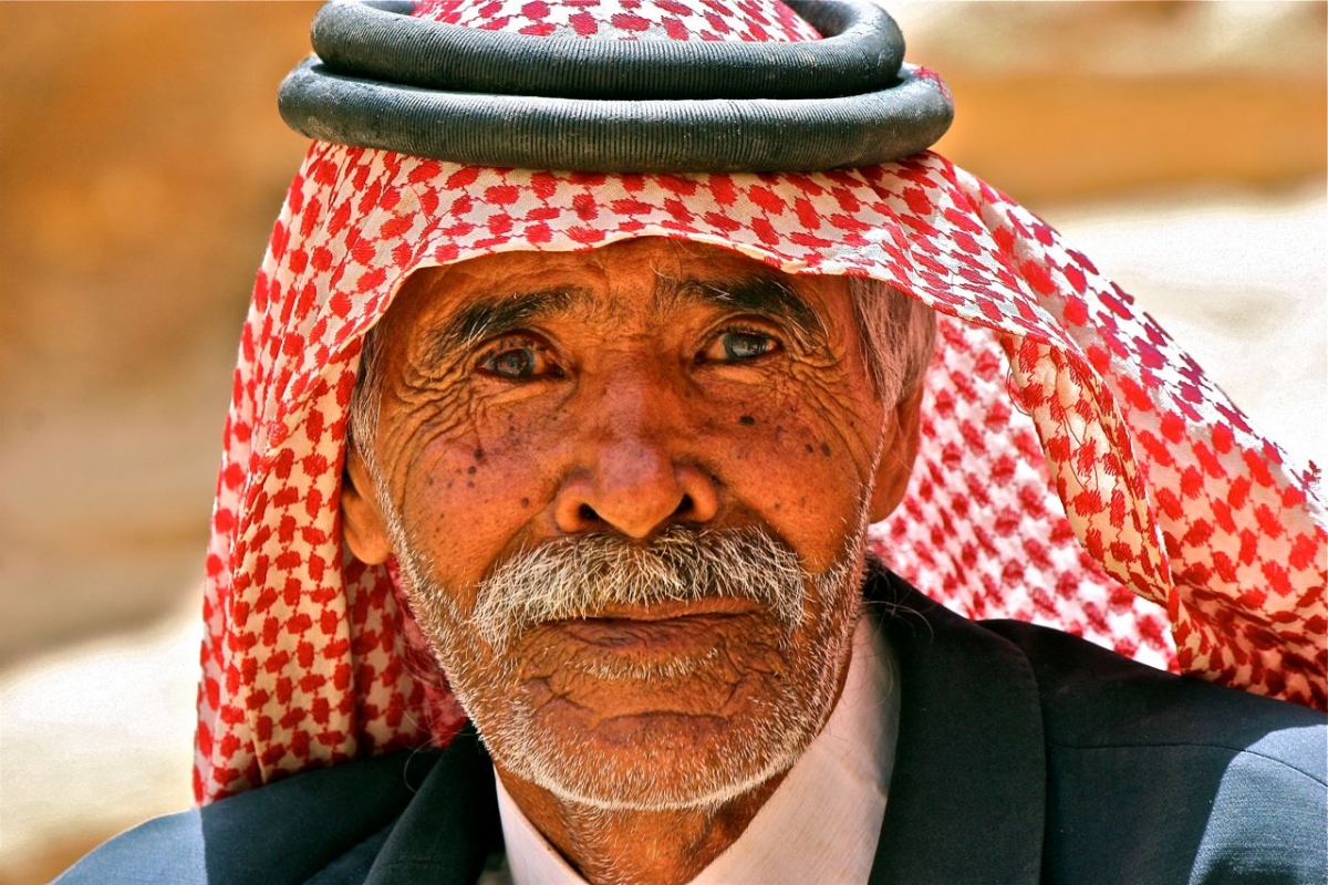 Close up of a Bedouin man from the Ammarin tribe in Beidah, Jordan