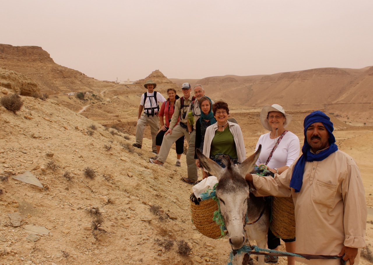 Hiking near Chenini Tunisia with Berber guide and donkey