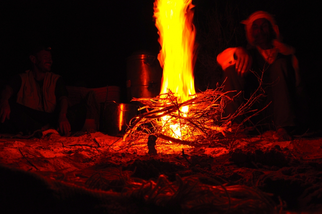 Kettle brewing on the camp fire in the Sahara, Tunisia