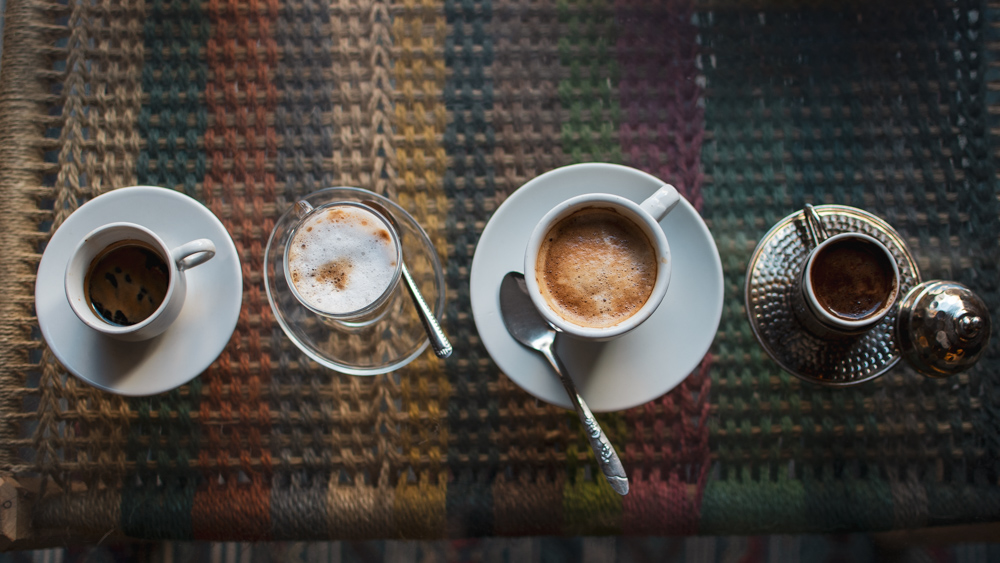 Tunisian coffees in a line at a traditional cafe