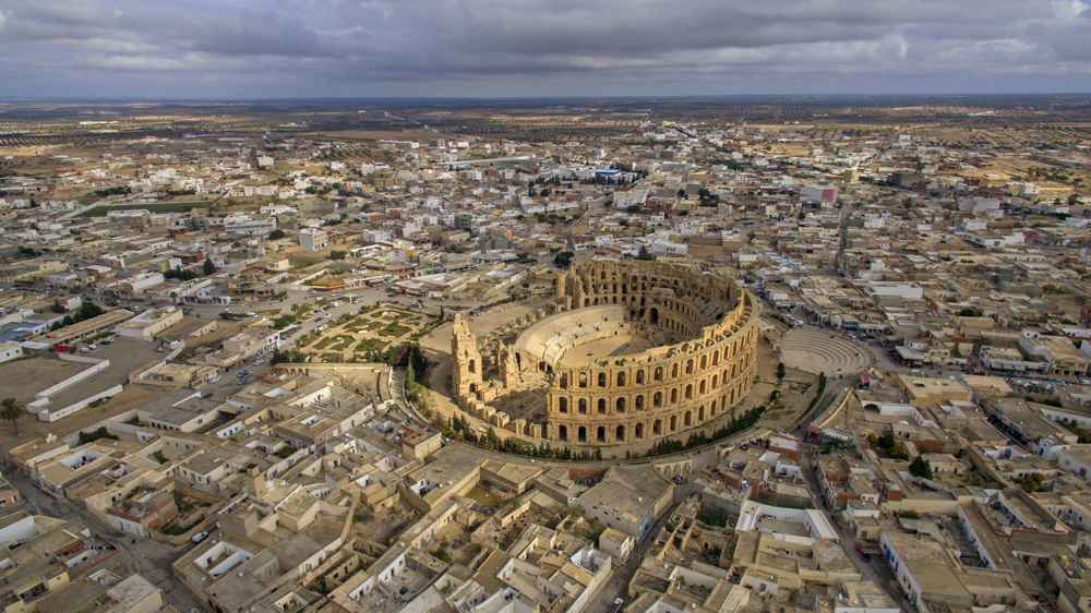 El Jem Amphitheater Tunisia aerial view.